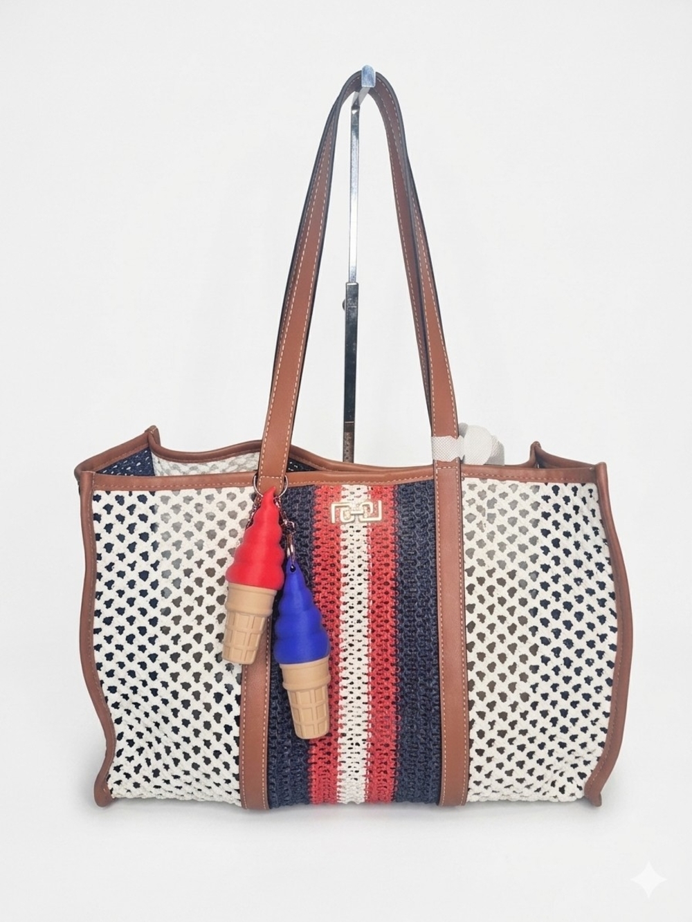 Aldo Woven Straw Tote with Red-White-Blue Stripes and Brown Trim NWT - Picture 3 of 11